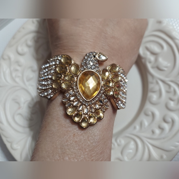 Textured Golden Eagle Hinged Cuff/Faceted Cut Crystal & Pave' Bracelet - Picture 7 of 8